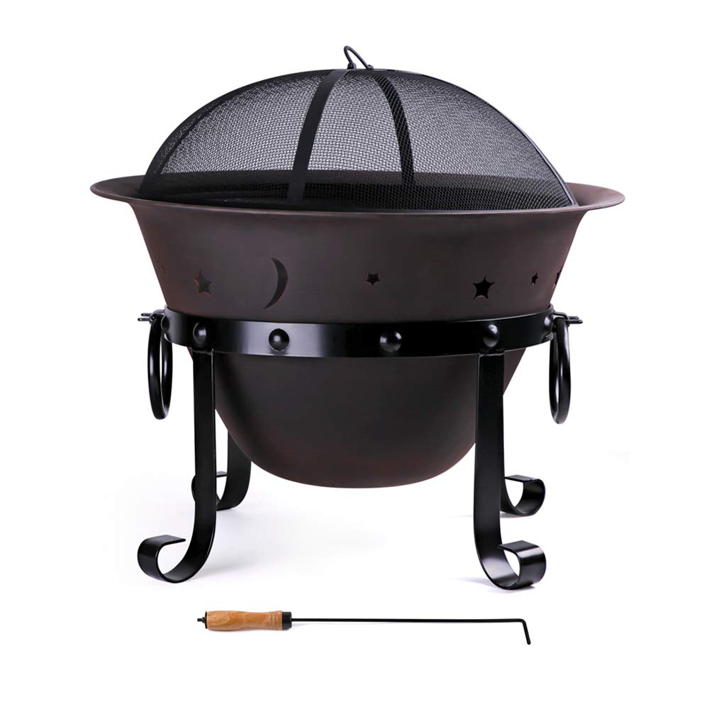 Cast Iron Fire Pits, Outdoor Round Wood Burning Fire Pit Bowl With Mesh Screen,Fireplace Poker,29 Inch Cast Iron Black