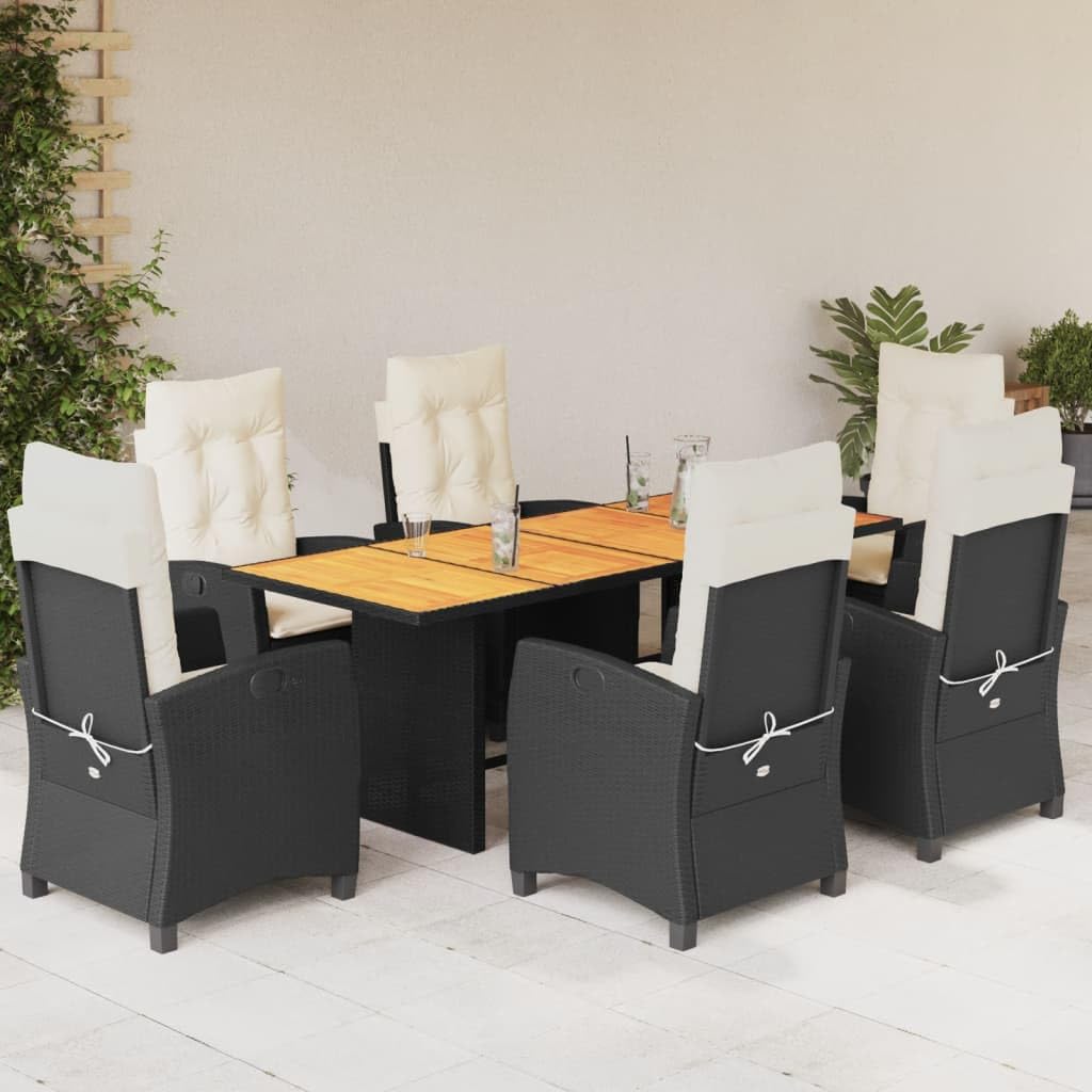 vidaXL 9 Piece Patio Dining Set - Black Poly Rattan/Reclining Chairs/Acacia Wood Tabletop/Cream Cushions/Outdoor Garden Furniture
