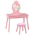 Kotek Kids Vanity With Mirror, Crown Themed Princess Makeup Dressing Table With Drawer, Cushioned Stool, Solid Wood Legs, Pretend Play Vanity Table And Chair Set For Little Girls (Pink)