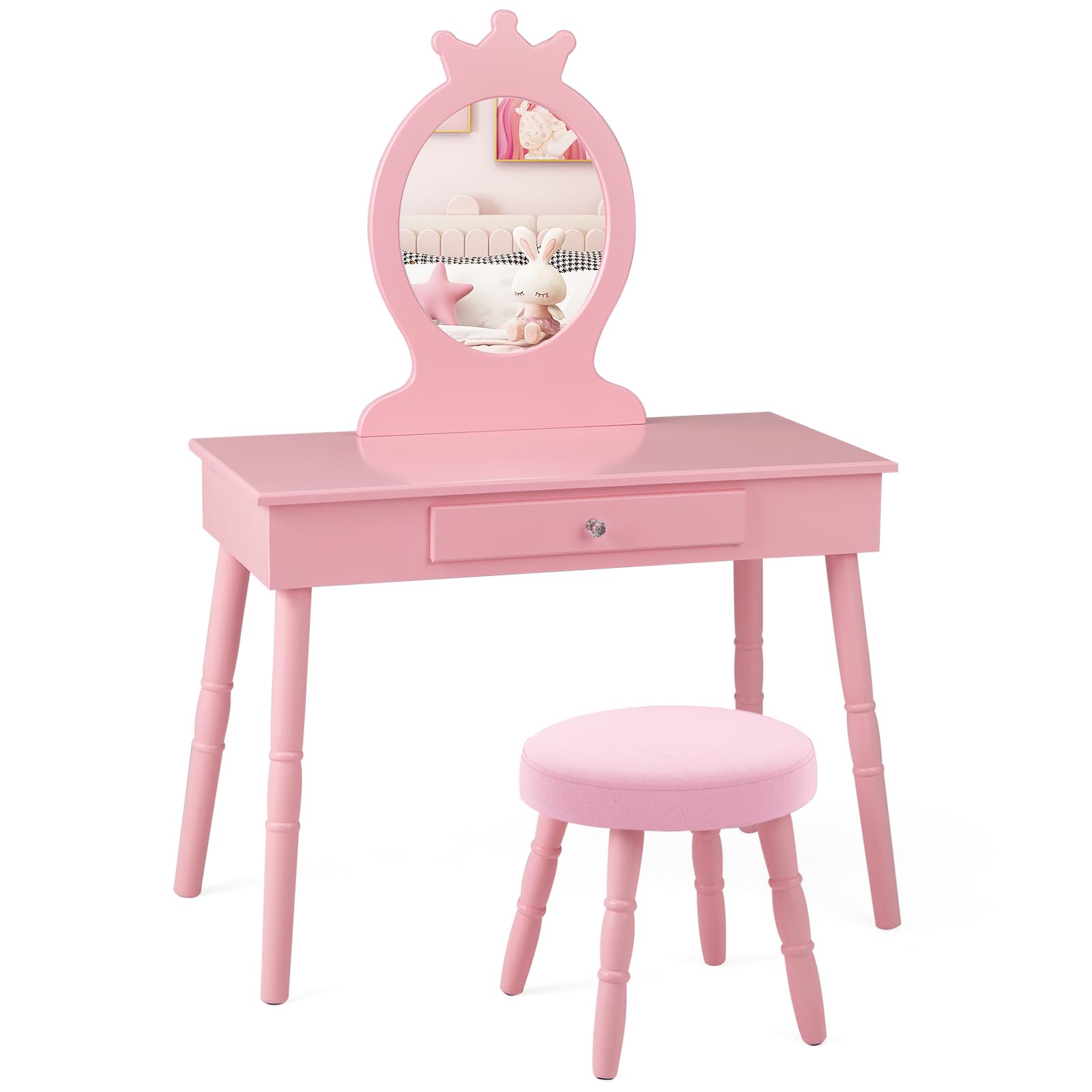 Kotek Kids Vanity With Mirror, Crown Themed Princess Makeup Dressing Table With Drawer, Cushioned Stool, Solid Wood Legs, Pretend Play Vanity Table And Chair Set For Little Girls (Pink)