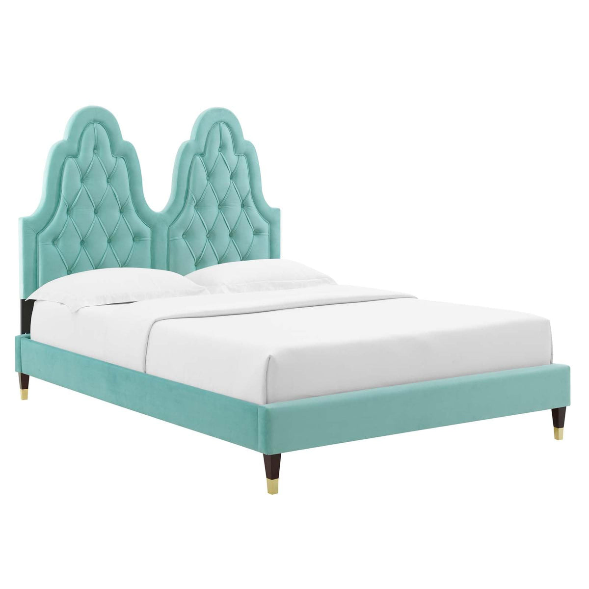 Modway Alexandria Tufted Performance Velvet Platform Bed with Wood and Gold Legs, Full, Mint