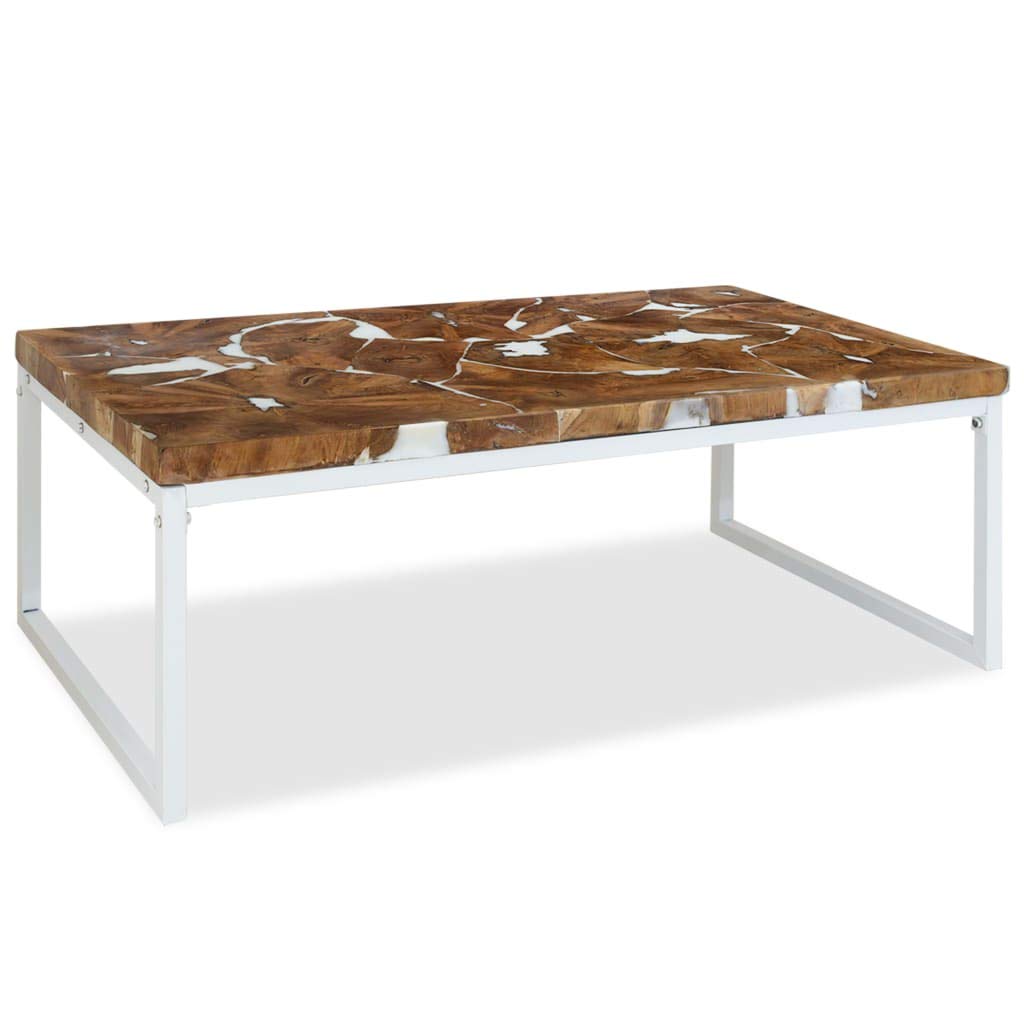 vidaXL Teak Coffee Table Resin 43.3" - Handcrafted Rectangular Sofa Table/Side Accent Table, Modern Teak Timber Design with Steel Frame
