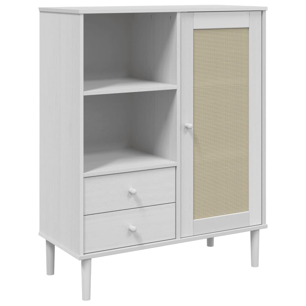 vidaXL Highboard SENJA, Solid Pinewood with UV Varnish Finish, White Large Storage Sideboard with Poly Rattan Look Surface, Dimensions 35.4&quot;x15.7&quot;x44.1&quot;