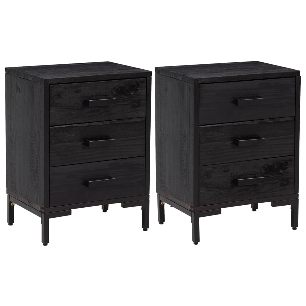 vidaXL Nightstand 2 Pcs, End Table with Storage Drawers, Accent Table for Bedroom Living Room Office, Retro Style, Black Solid Wood Pine