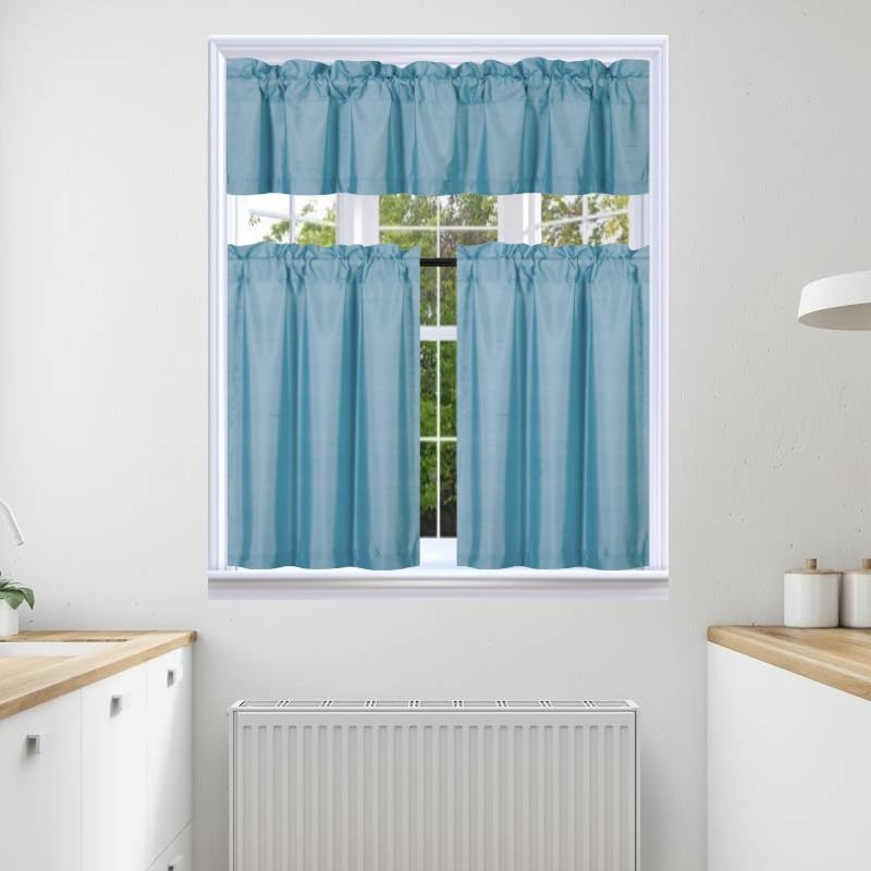 3Pc Set Solid Faux Silk Lined Blackout Rod Pocket Small Kitchen Window Curtain With Valance (K3) (Light Blue)