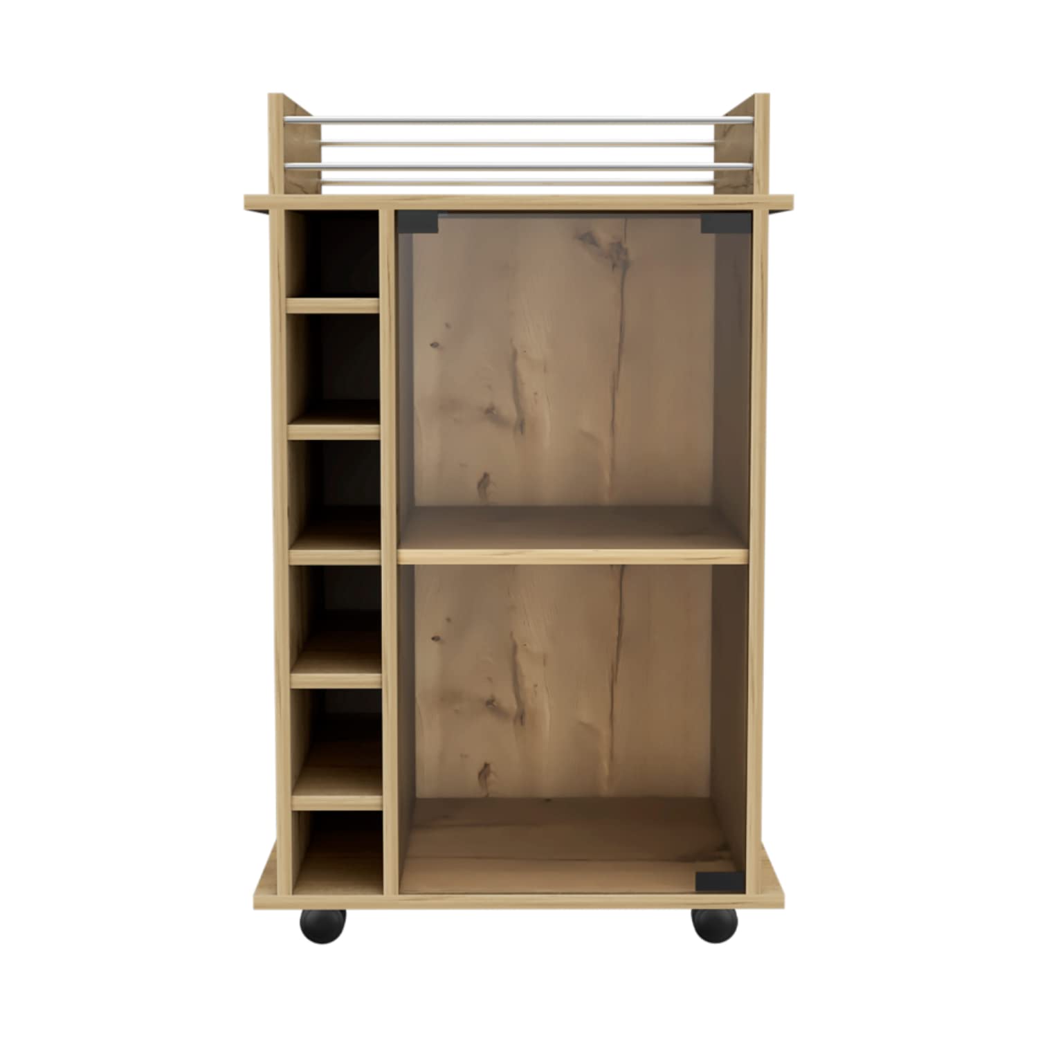 Huali Bar Cart with 6 Wine Cubbies, Glass Door, 4 Casters, and 2 Inner Shelves, Light Oak