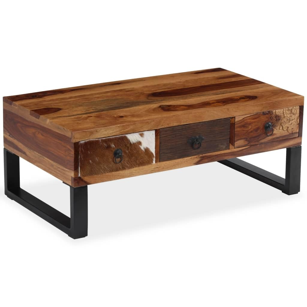 vidaXL Solid Sheesham Wood Coffee Table with Steel Legs and Genuine Cowhide Detail- Hand Carved, Honey-Finished Home Furniture with Storage Drawers 35.4&quot;x19.7&quot;x13.8&quot;