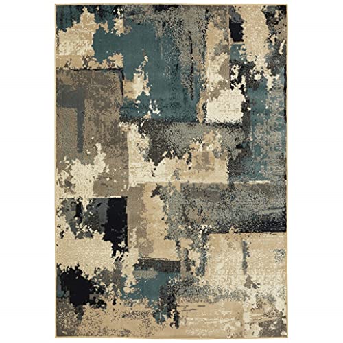 HomeRoots Polypropylene 4’ x 6’ Beige and Blue Block Indoor Area Rug