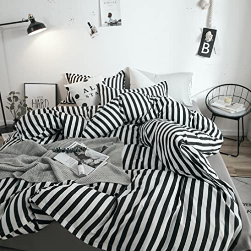 Karever White&Black Stripes Comforter Set Full Women Bedding Set Soft Durable White Striated Bedding Set Black Stripes Ticking Q