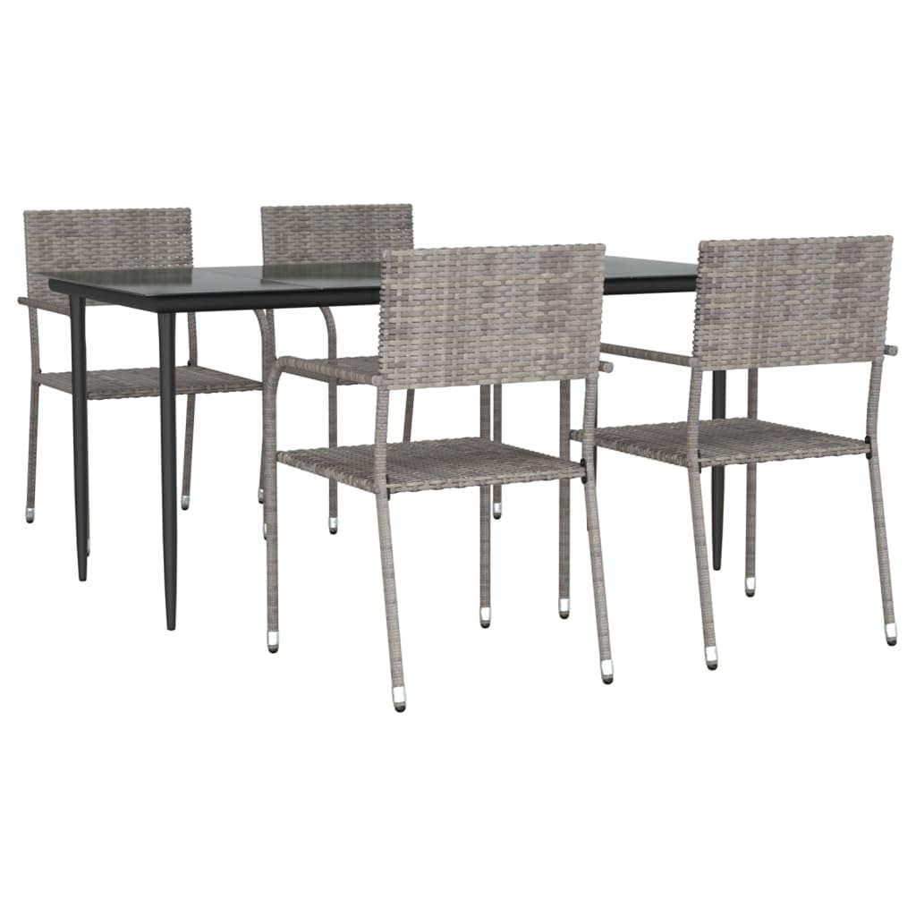 vidaXL 5 Piece Patio Dining Set - Poly Rattan Steel Frame - Gray/Black - Stackable Chairs with Tempered Glass Tabletop - Garden/Outdoor Furniture