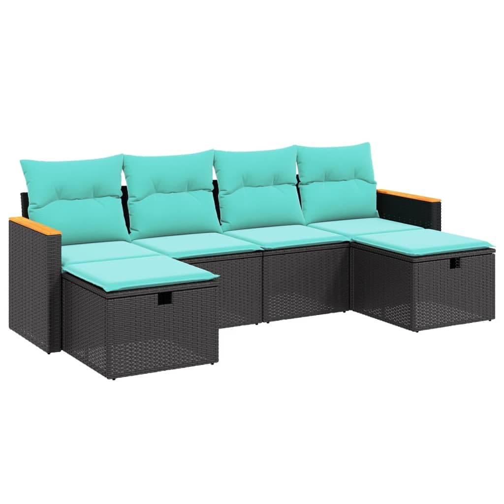 vidaXL Patio Sofa Set with Cushions - Outdoor 6 Piece Black Poly Rattan Furniture - Modular Design for Garden, Terrace, or Patio