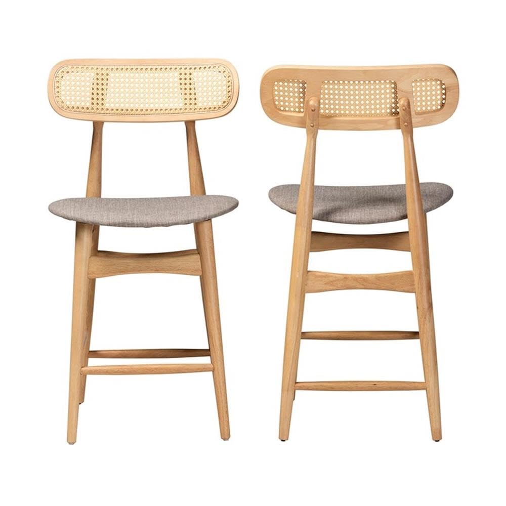 Baxton Studio Tarana Mid-Century Modern Grey Fabric and Natural Oak Finished Wood 2-Piece Counter Stool Set
