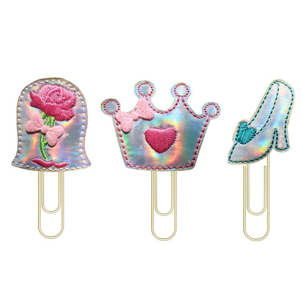Reelfun Reflective Sparkle Rose Crown Glass Slipper Planner Paper Clips, Bookmark, Back To School Supplies