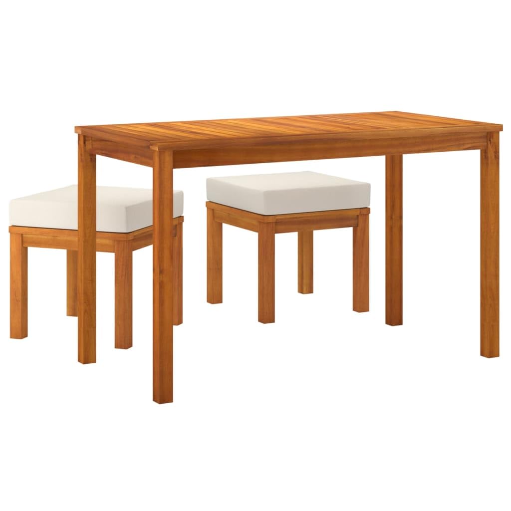 vidaXL 3 Piece Outdoor Patio Dining Set - Solid Acacia Wood with Oil Finish - Includes Table and 2 Stools with Cream Cushions - Ideal for Garden, Terrace, or Patio