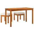 vidaXL 3 Piece Outdoor Patio Dining Set - Solid Acacia Wood with Oil Finish - Includes Table and 2 Stools with Cream Cushions - Ideal for Garden, Terrace, or Patio