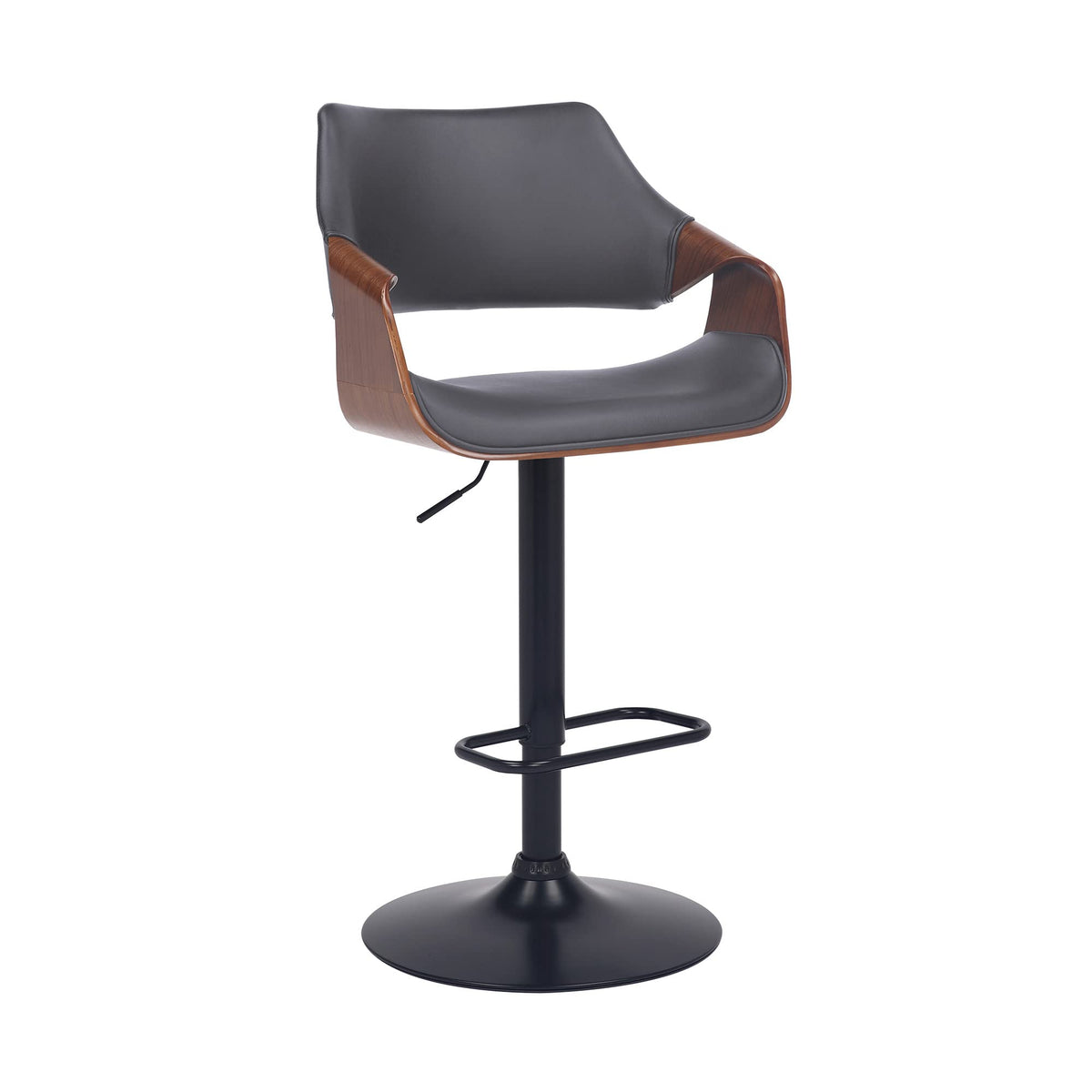 HomeRoots Gray Wood, Metal, Foam Faux Leather Grey Faux Leather Walnut Wood and Black Swivel Adjustable Bar Stool