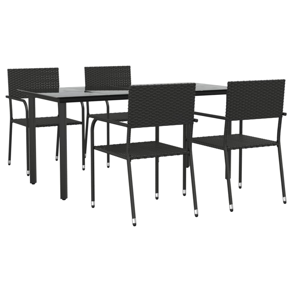 vidaXL 5 Piece Patio Dining Set - Black Poly Rattan & Steel Outdoor Garden Furniture - Tempered Glass Tabletop