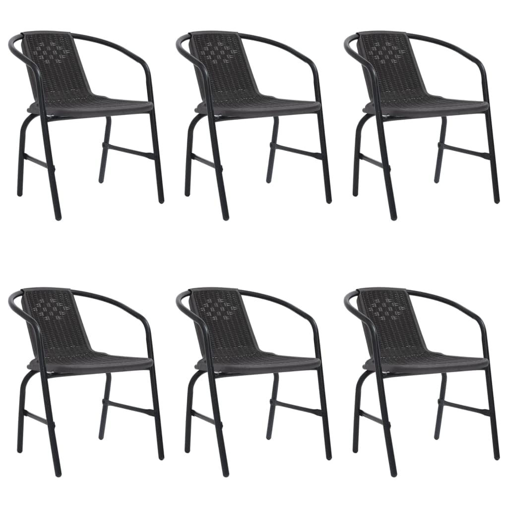 vidaXL Garden Chairs - Set of 6, Black Plastic Rattan and Steel Construction, Comfortable Seating, Stackable Design, Outdoor Patio Furniture