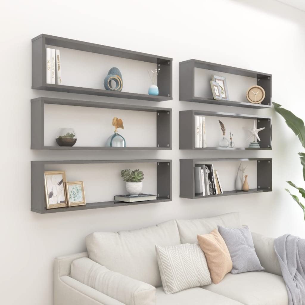 vidaXL Wall Cube Shelves 6 pcs High Gloss Gray 39.4"x5.9"x11.8" Engineered Wood