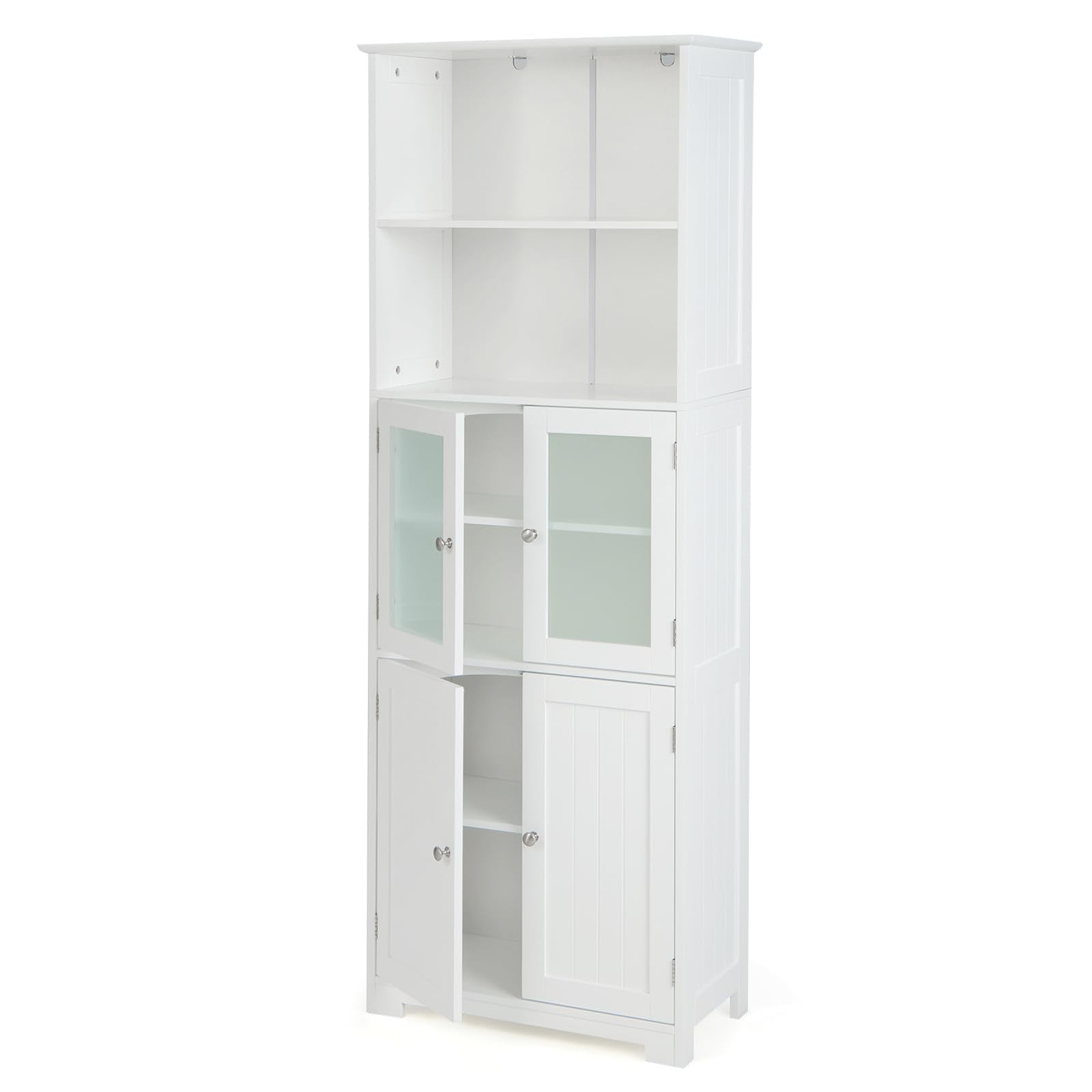 Costway Tall Bathroom Storage Cabinet, Freestanding Kitchen Pantry Cabinet With Glass Doors And Adjustable Shelf, 64” Wooden Linen Floor Cabinet For Bathroom, Living Room, Kitchen (White)