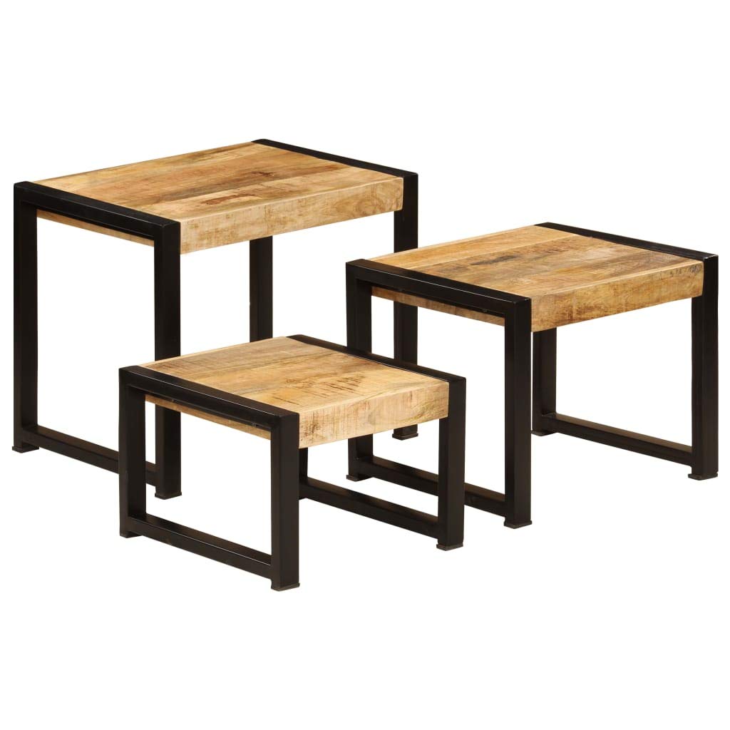 vidaXL Nesting Tables Set of 3, Side Tables with Black Power-Coated Steel Frames, Polished and Partly Painted End Tables for Living Room, Bedroom, Solid Acacia and Rubberwood