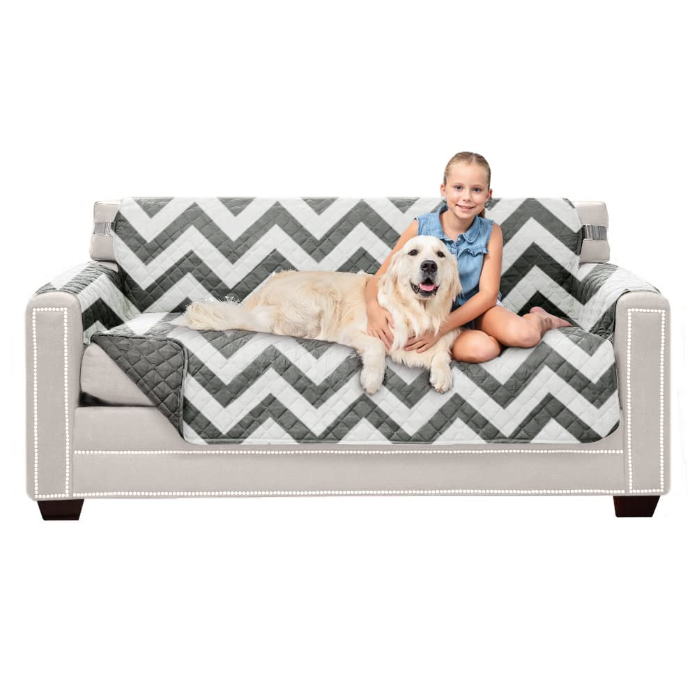 Sofa Shield Patented Couch Slip Cover, Large Cushion Protector, Reversible Stain And Dog Tear Resistant Slipcover, Quilted Microfiber 62” Seat, Washable Covers For Dogs Pets Kids, Chevron Gray