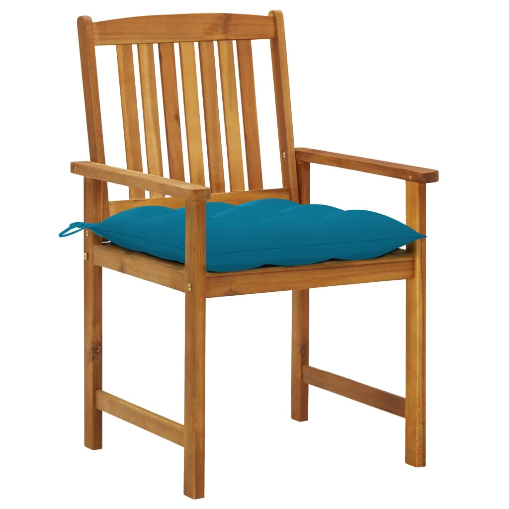 vidaXL Set of 2 Outdoor Patio Chairs with Blue Cushions - Solid Acacia Wood Slatted Design - Easy Assembly - Ideal for Garden, Balcony, Deck