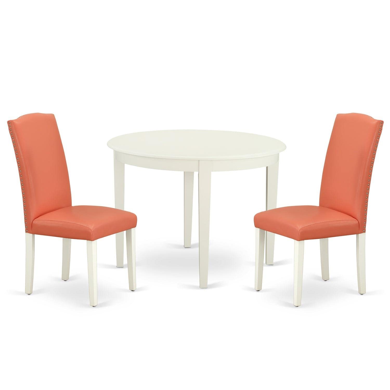 East West Furniture Boen3-Lwh-78 Boston 3 Piece Kitchen Set Contains A Round Table And 2 Pink Flamingo Faux Leather Parson Dining Room Chairs, Linen White, 42X42 Inch