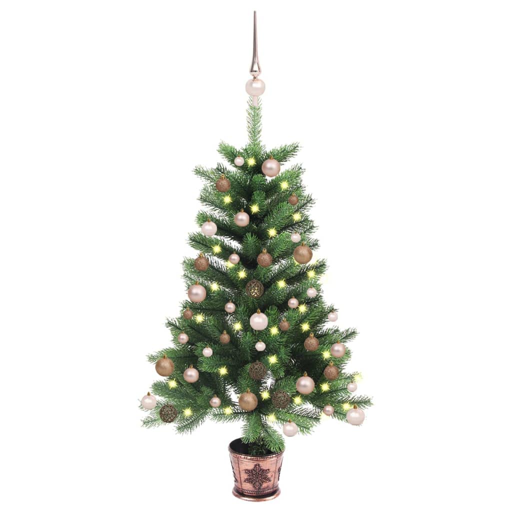 Vidaxl Artificial Pre-Lit Christmas Tree - 25.6&quot; Green Tree With Rose Gold Ball Set, Pe Branches, Led Lights, Basket & Steel Base