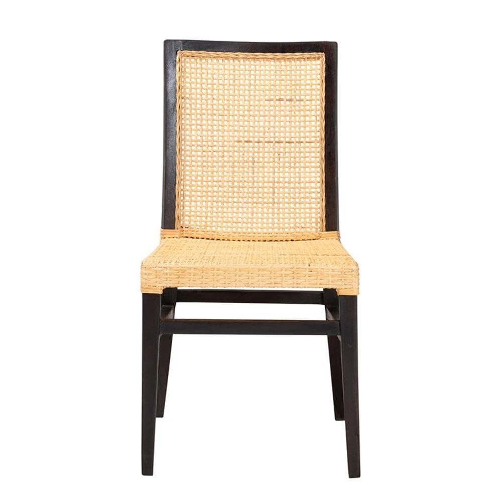 Baxton Studio Lingga Modern Bohemian Dark Brown Mahogany Wood and Natural Rattan Dining Chair