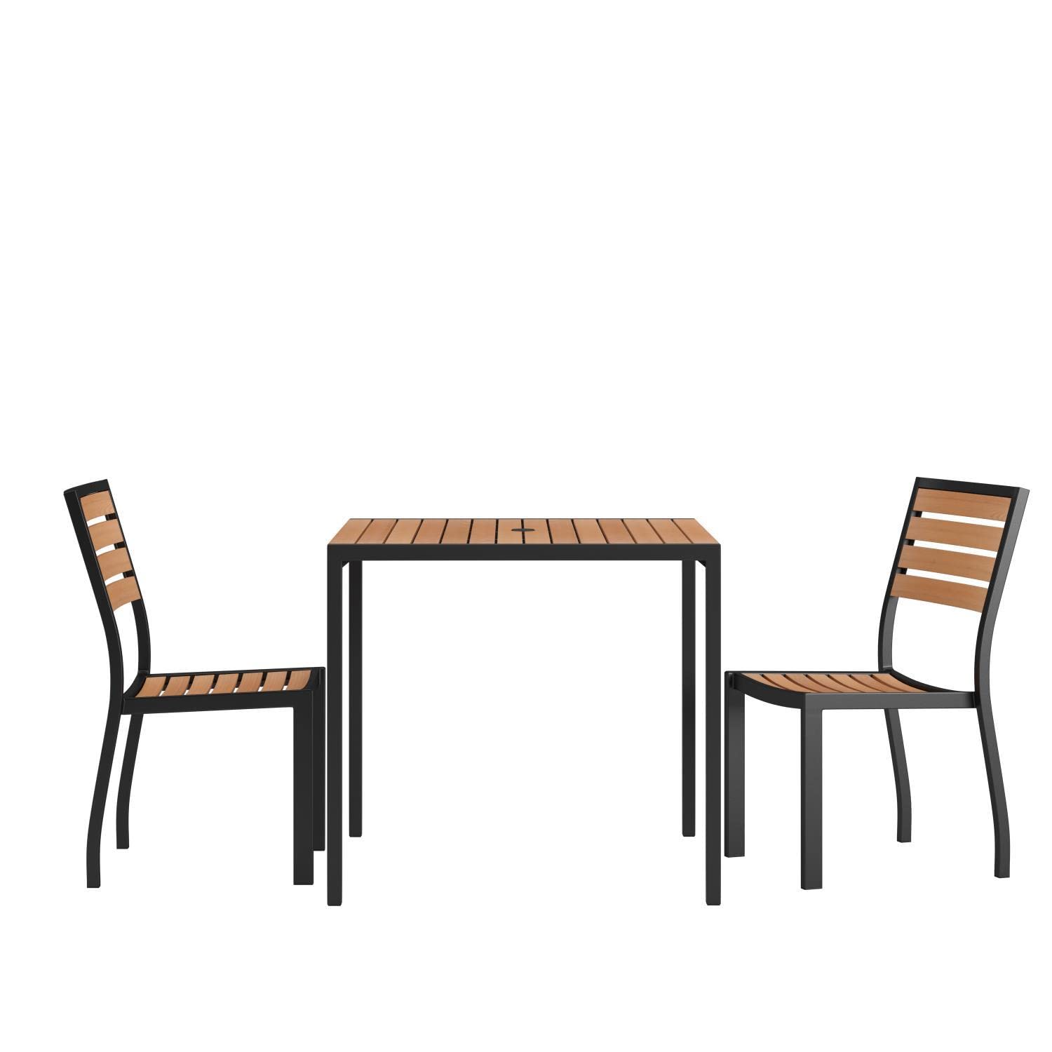 Flash Furniture Lark 3 Piece Patio Table Set - Synthetic Teak Poly Slats - 35&quot; Square Steel Framed Table with 2 Faux Teak Chairs