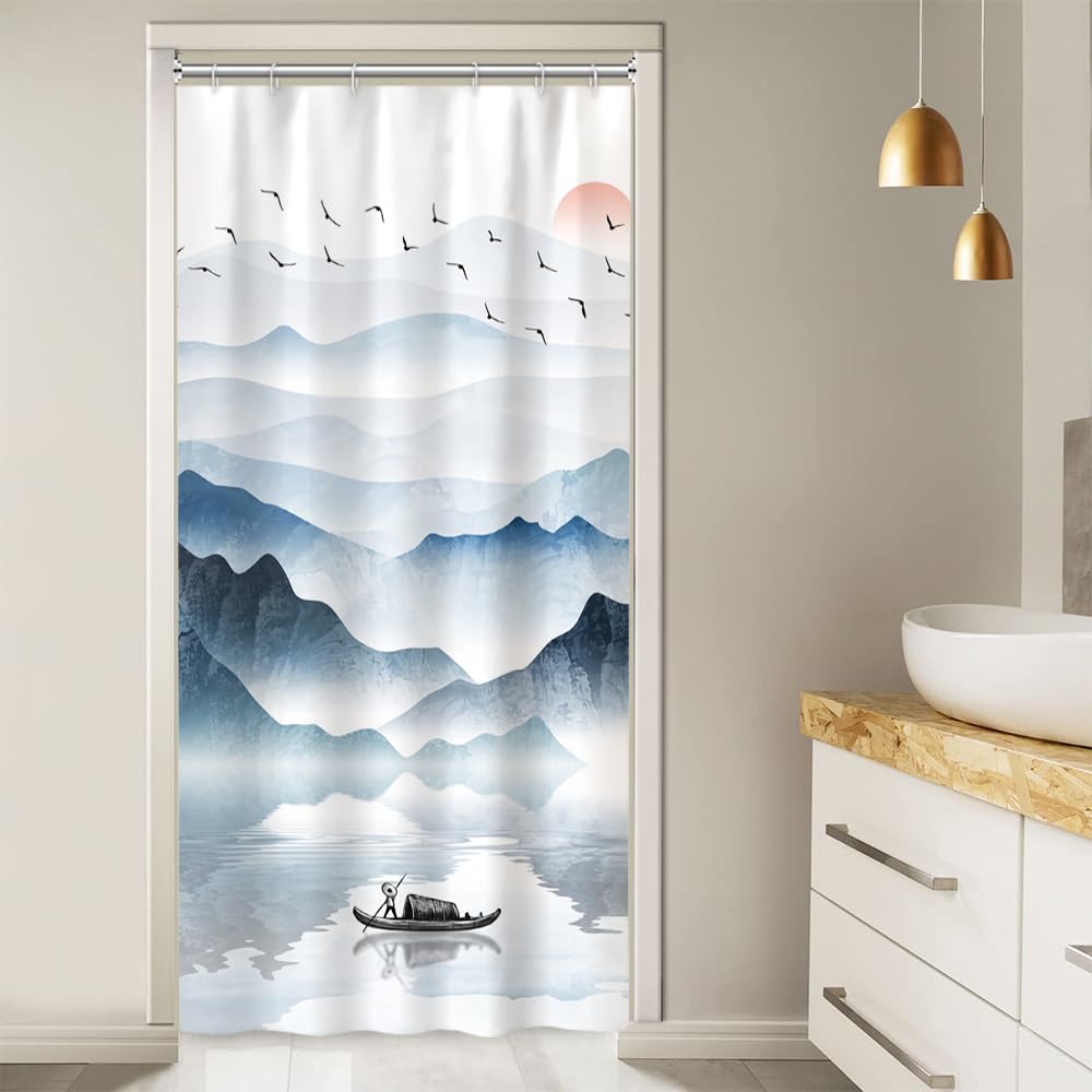 Ruelvth Stall Shower Curtain, Ink Painting Mountain Small Shower Curtain Set Abstract Sunrise Aesthetic Nature Scenery Waterproo