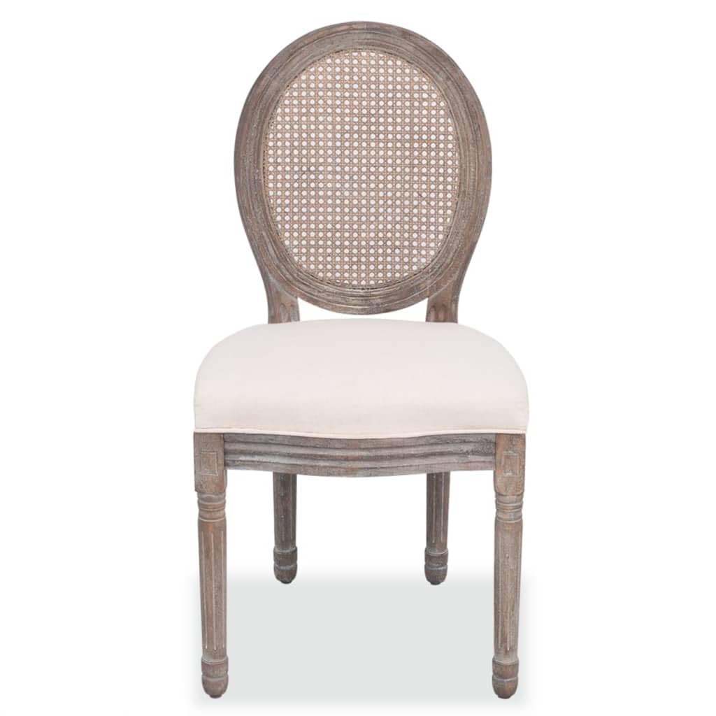 vidaXL 2 pcs Dining Chairs with Cream Fabric Seat and Rattan Backrest - Sturdy Birch Frame and Rubberwood Legs - Comfortable Linen Upholstered Seats