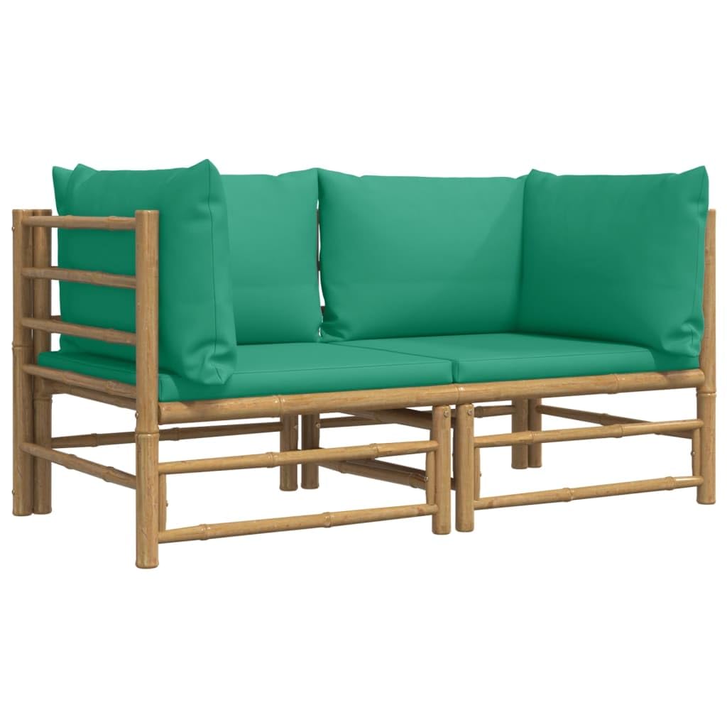 vidaXL Bamboo Patio Corner Sofas with Green Cushions, Farmhouse Style Outdoor Lounge Set with Natural Oil Finish