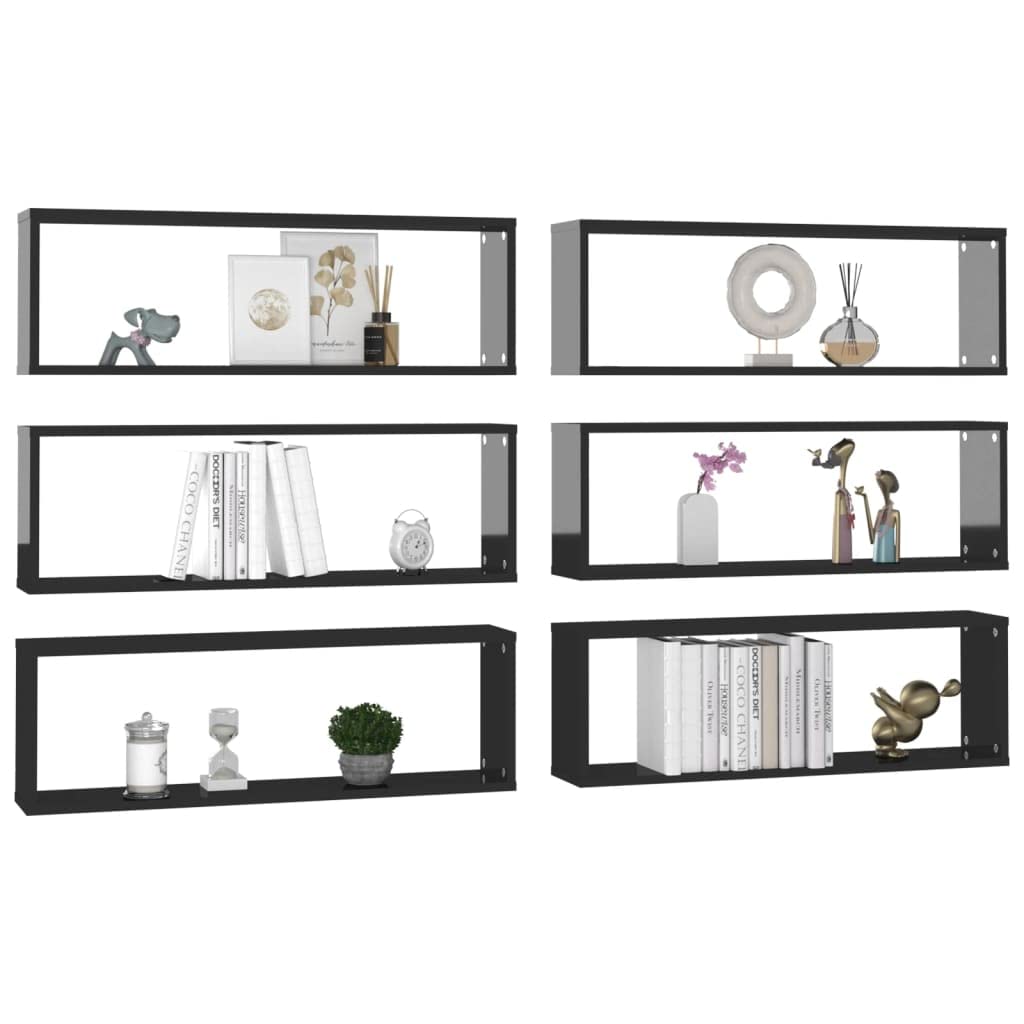 vidaXL Wall Cube Shelves 6 pcs High Gloss Black 31.5&quot;x5.9&quot;x10.4&quot; Engineered Wood