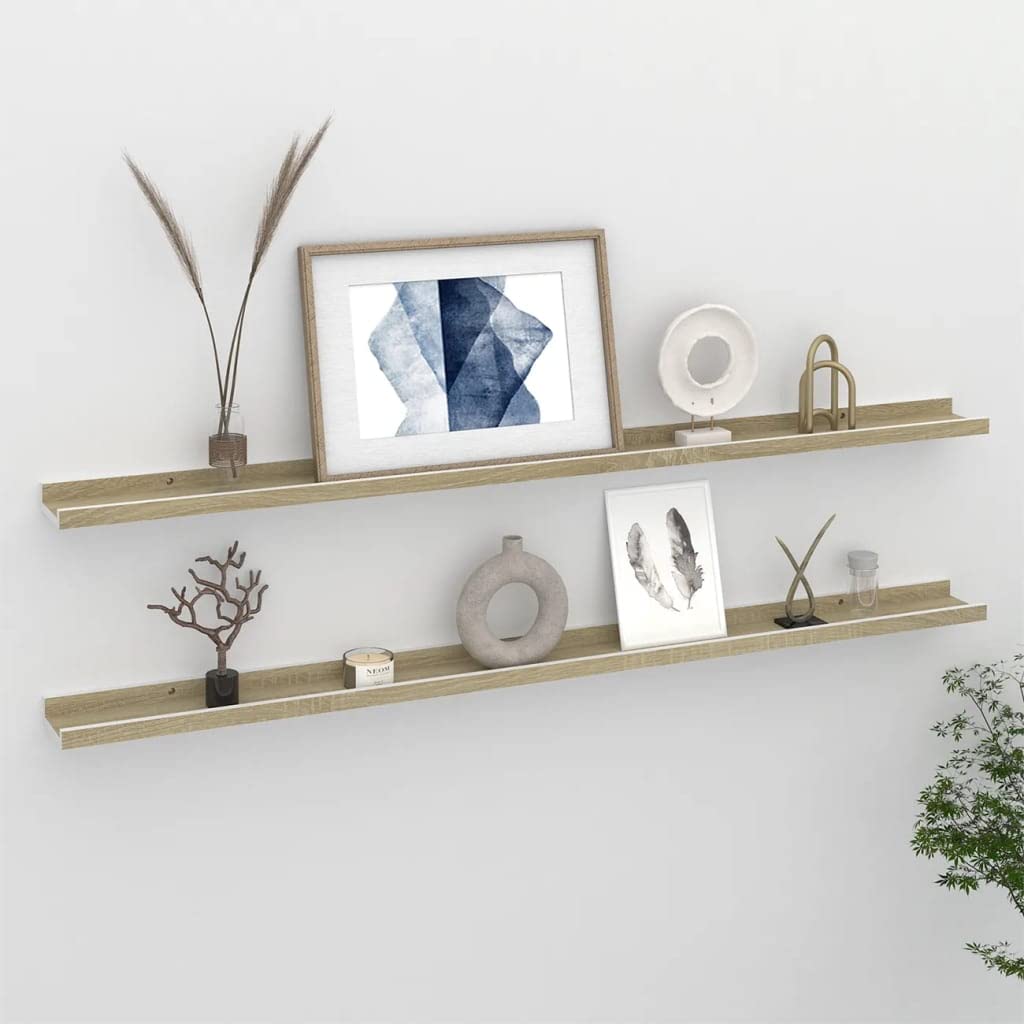 vidaXL 45.3"x3.5"x1.2" Modern Wall Shelves - Set of 2, Durable MDF Construction, White and Sonoma Oak, Easy to Clean, Suitable for Various Display