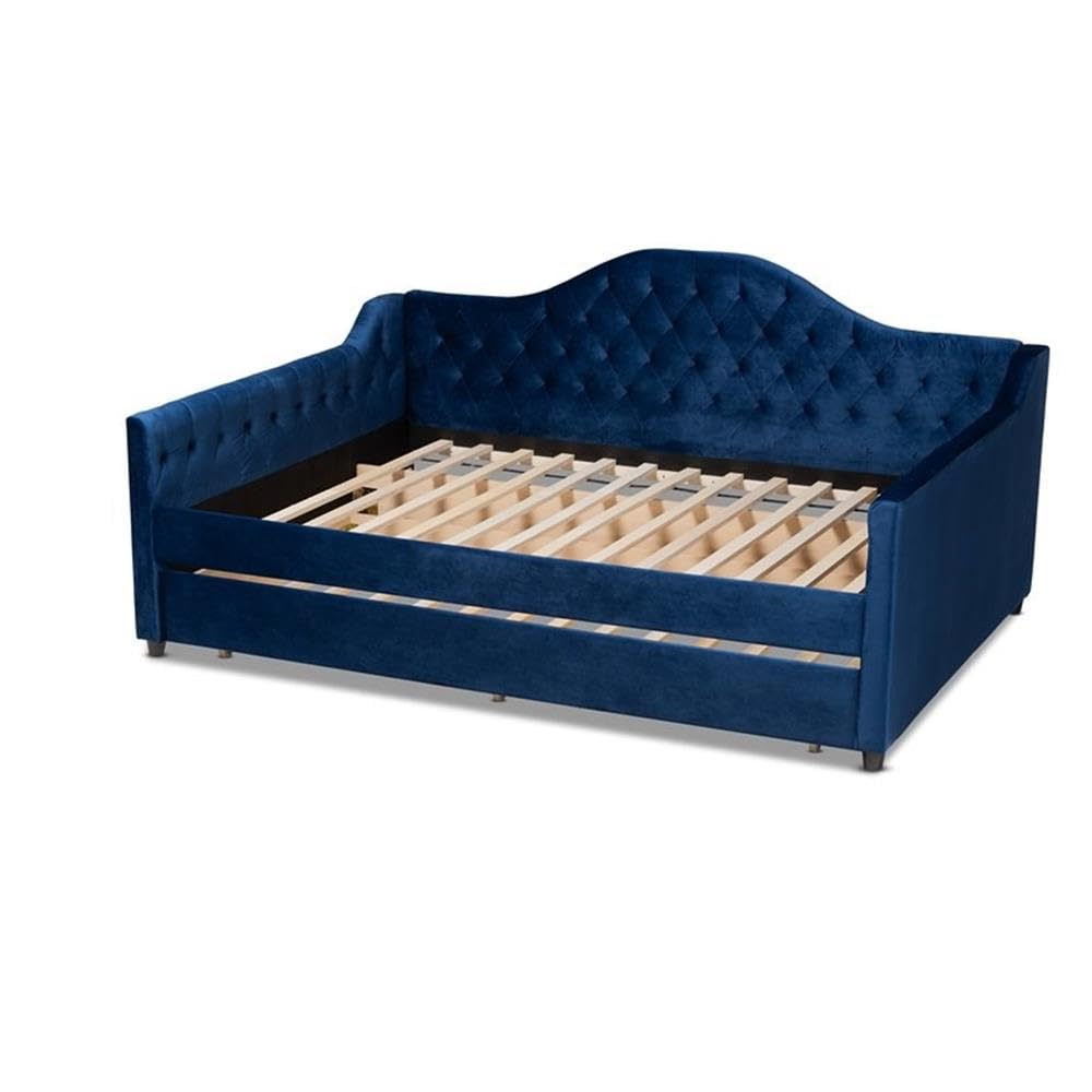 Baxton Studio Perry Modern and Contemporary Navy Blue Velvet Fabric Upholstered and Button Tufted Queen Size Daybed with Trundle