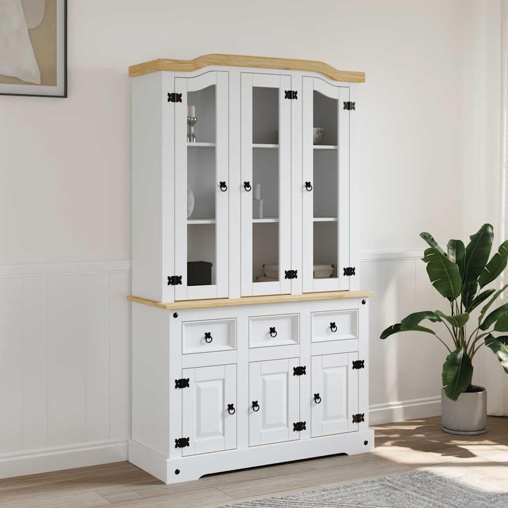 vidaXL Highboard, Storage Cabinet with 6 Doors 3 Drawers, Rustic Charm and Domed Top Design, Generous Storage Space, Corona Range, Solid Pine Wood, 44.1''x17''x77.2'', White and Natural Finish Top
