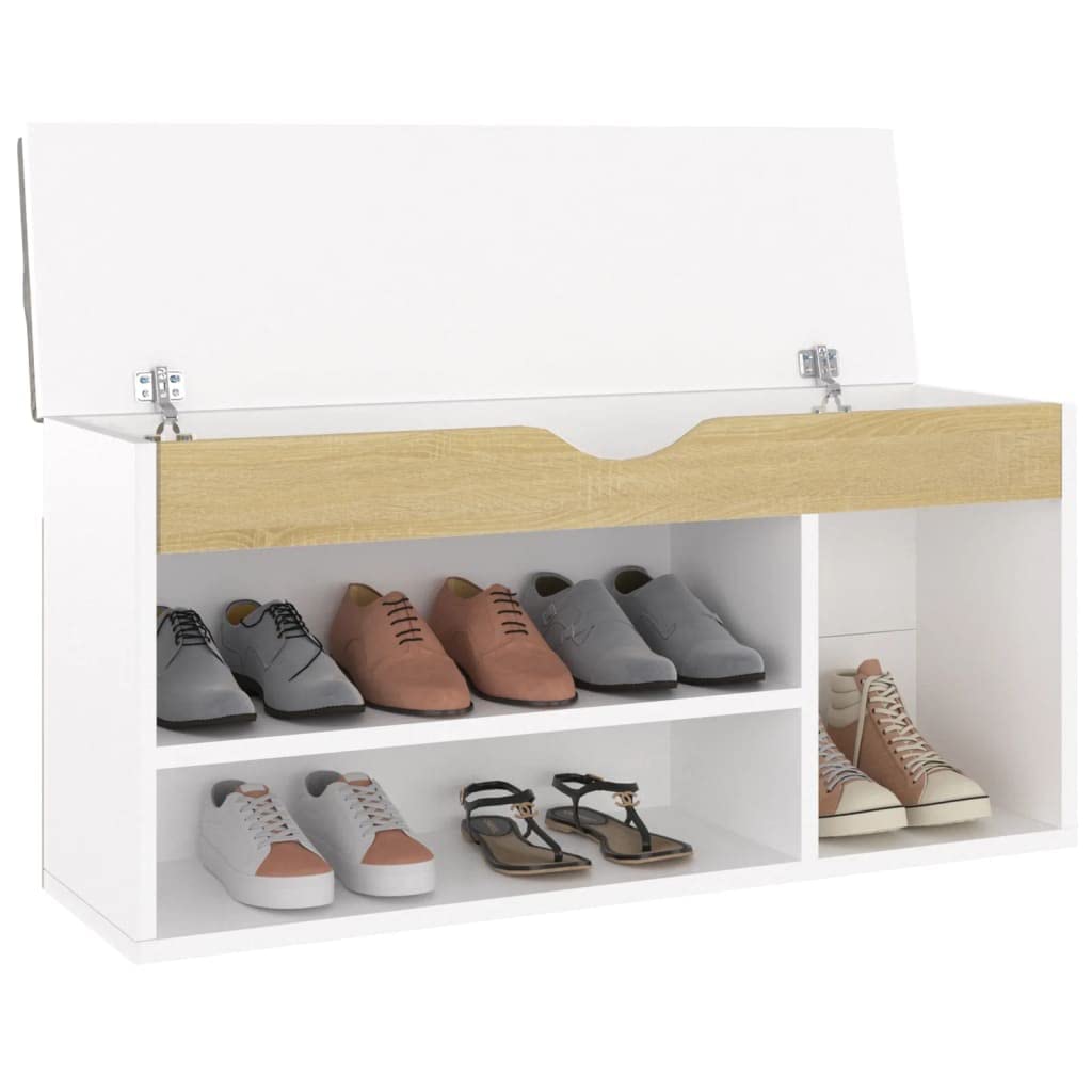 vidaXL Shoe Bench with Cushion in White and Sonoma Oak - Engineered Wood Shoe Storage Organizer - Comfortable, Practical and Stylish