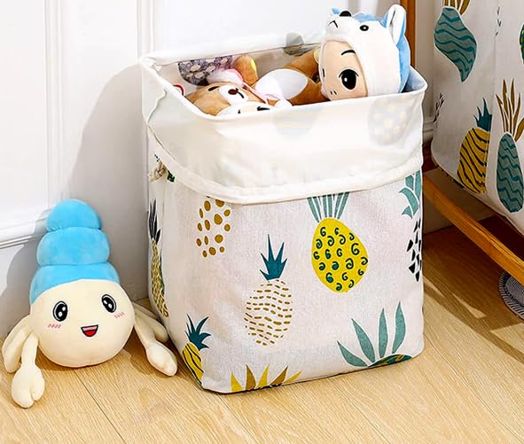 Large Storage Basket with Pineapple Print, 50x50x40 cm, Foldable Fabric Container for Toys, Clothes, Quilts and Snacks