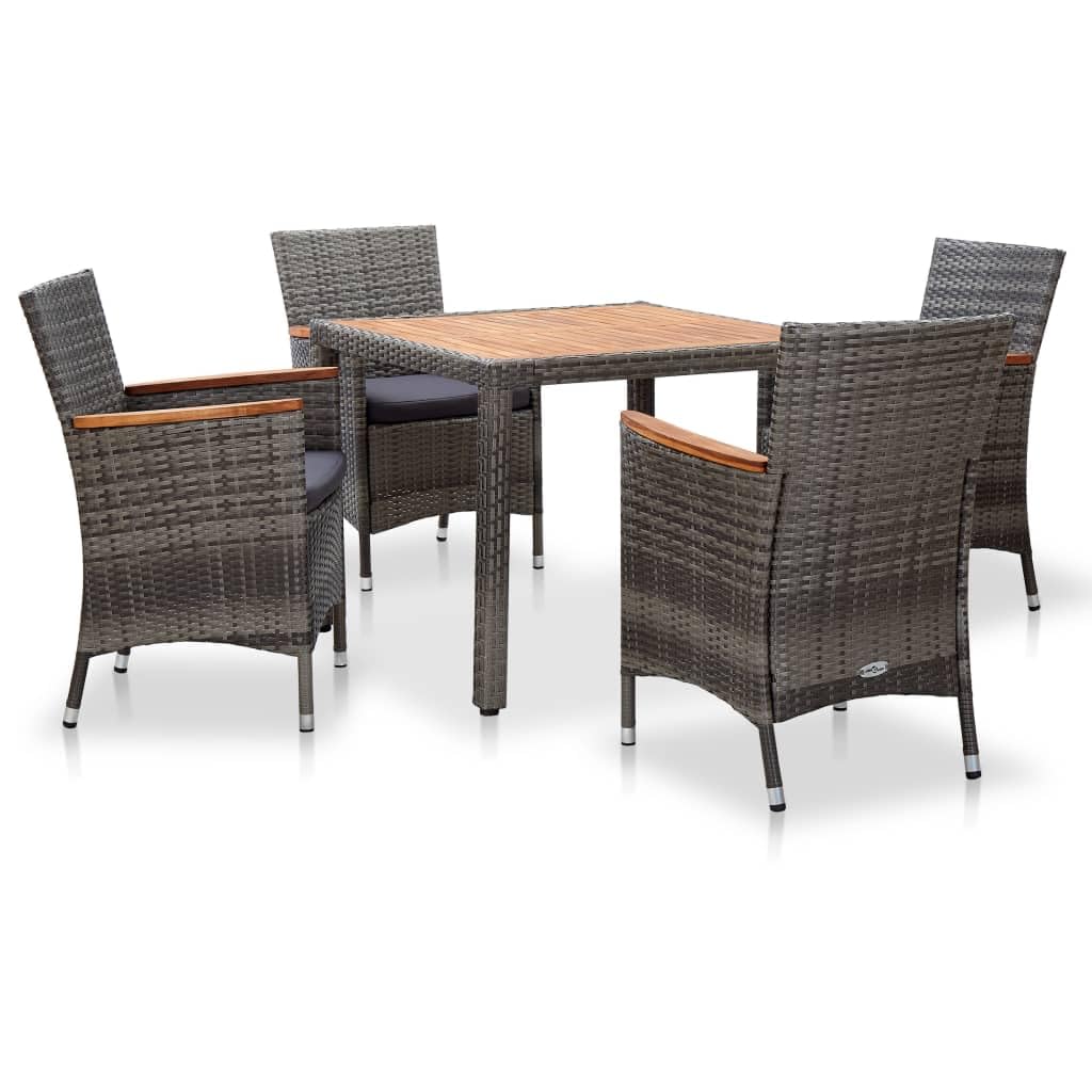 vidaXL 5-Piece Garden Dining Set in Gray Poly Rattan - Outdoor Patio Furniture with Steel Frame, Acacia Wood Accents, Comfortable Cushions, Easy-Clean Design