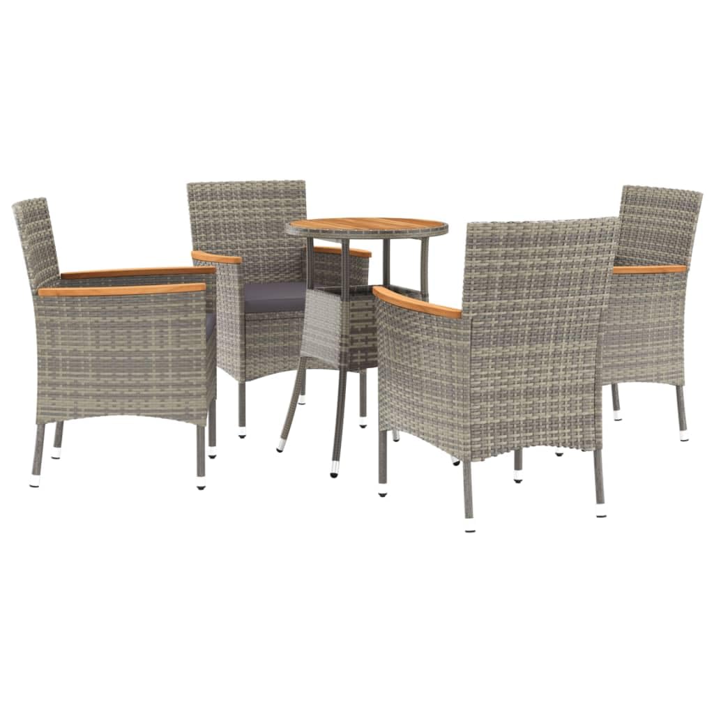 Vidaxl 5-Piece Outdoor Patio Bistro Set - Poly Rattan Garden Lounge Set With Gray Cushions, Solid Acacia Wood Tabletop