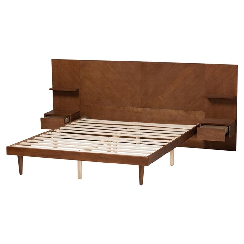 Baxton Studio Graham Mid-Century Modern Transitional Ash Walnut Finished Wood Queen Size Platform Storage Bed with Built-in Nightstands