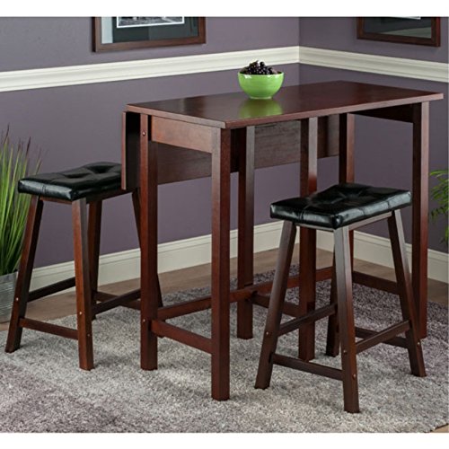 Ergode Harrington Drop Leaf High Table Set | Solid Wood | Walnut Finish | 39.37' W x 31.5' D x 36.22' H | Includes 2 Stools | Fully Assembled (94346-VV)