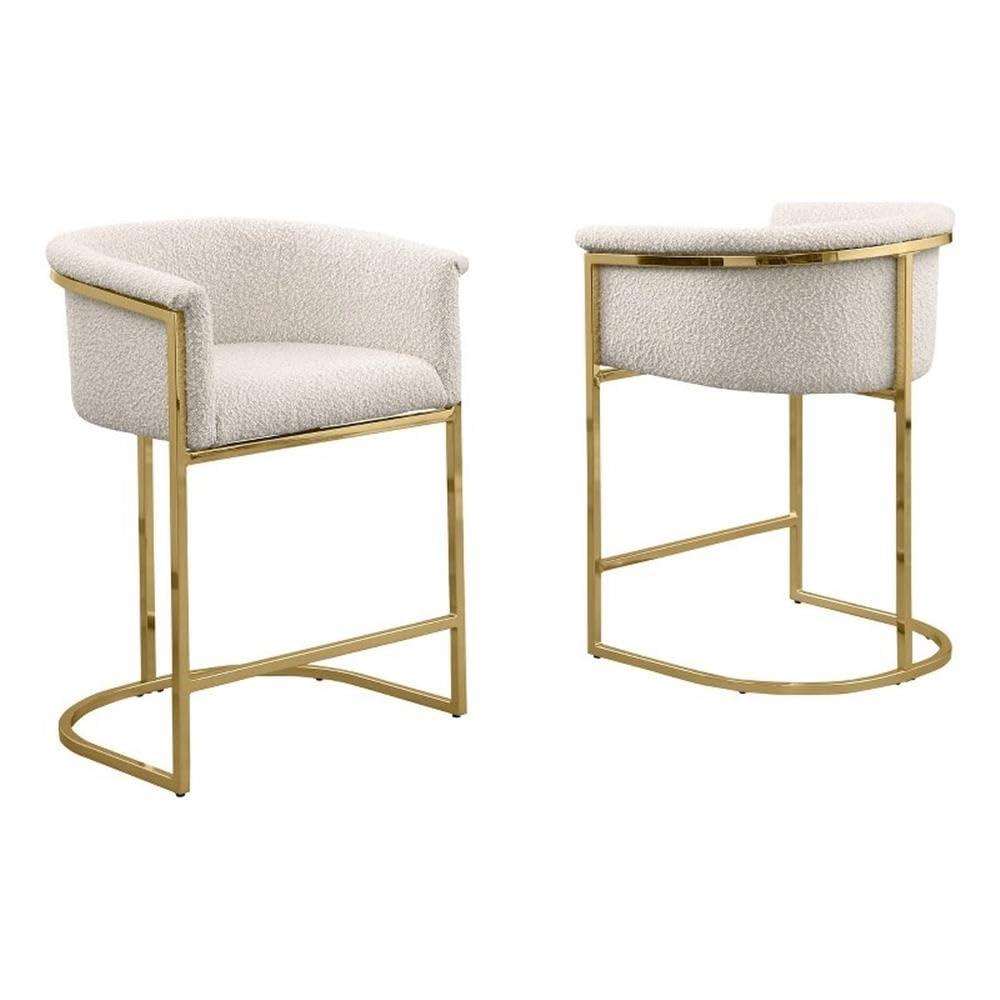 Best Quality Furniture Set Of 2 Modern Boucle Fabric Accent Counter Height Stools - Barrel Design, Chrome Legs, Cream, Gold Leg Finish