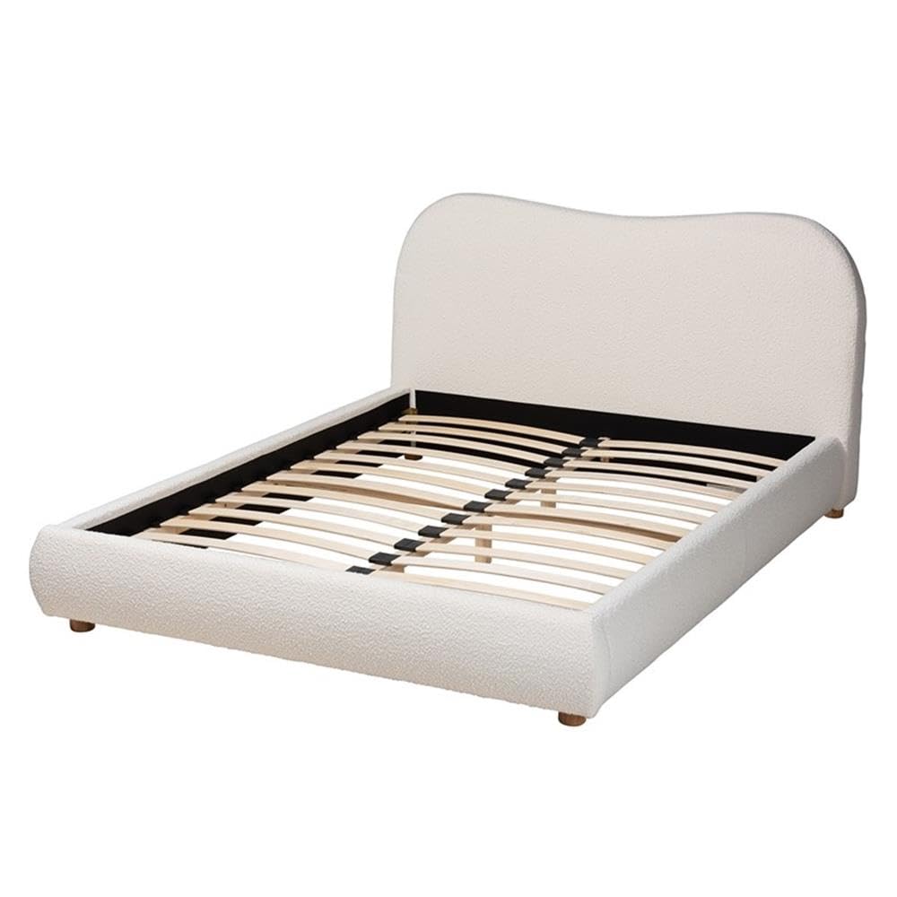 Baxton Studio Maya Mid-Century Modern Cream Boucle Fabric And Oak Brown Finished Wood Queen Size Platform Bed