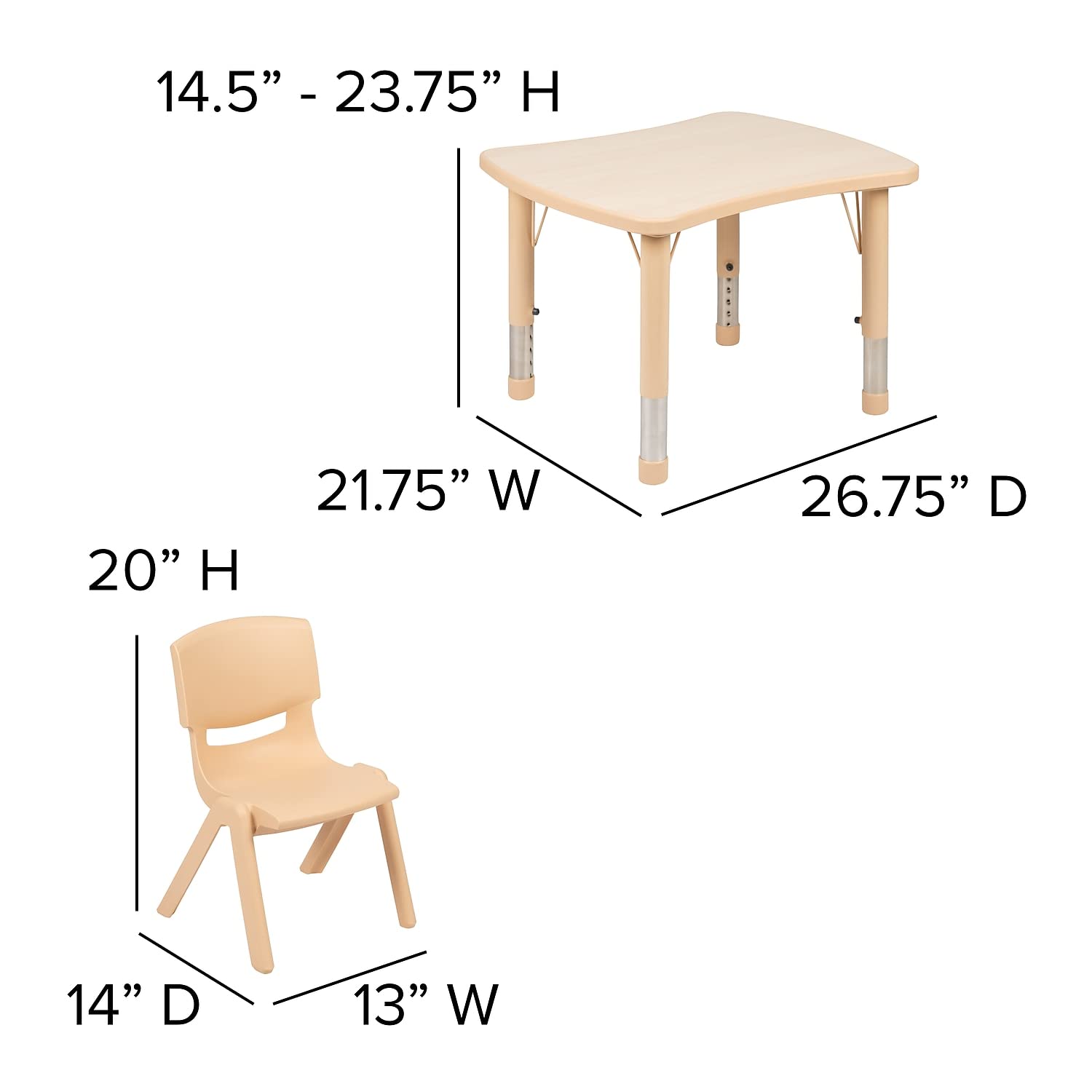 Flash Furniture Emmy 21.875'W X 26.625'L Rectangular Natural Plastic Height Adjustable Activity Table Set With 2 Chairs