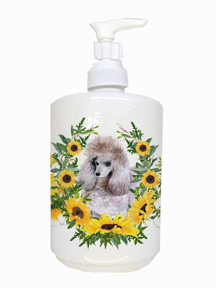 Caroline's Treasures CK2857SOAP Poodle in Sunflowers Ceramic Soap Dispenser Hand Soap Dispenser Pump Bottles for Bathroom Kitche