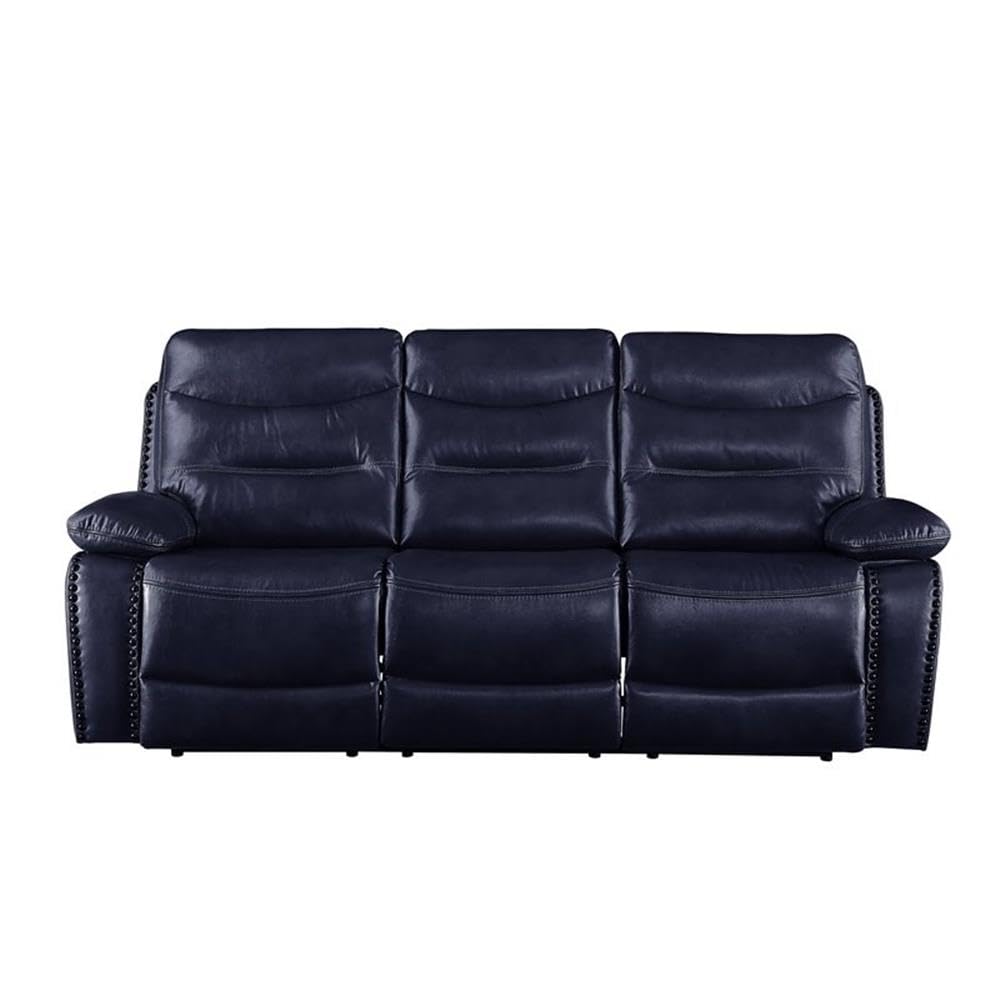 Acme Aashi Leather-Gel Horizontal Tufted Motion Reclining Sofa in Navy