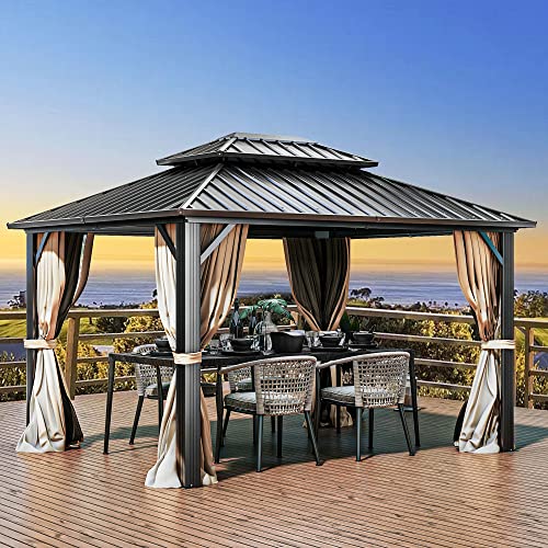 Yitahome 10X12 Ft Gazebo Double Roof Canopy With Netting And Shaded Curtains, Outdoor Gazebo 2-Tier Hardtop Galvanized Iron Alum